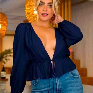 Blue open front tie shirt